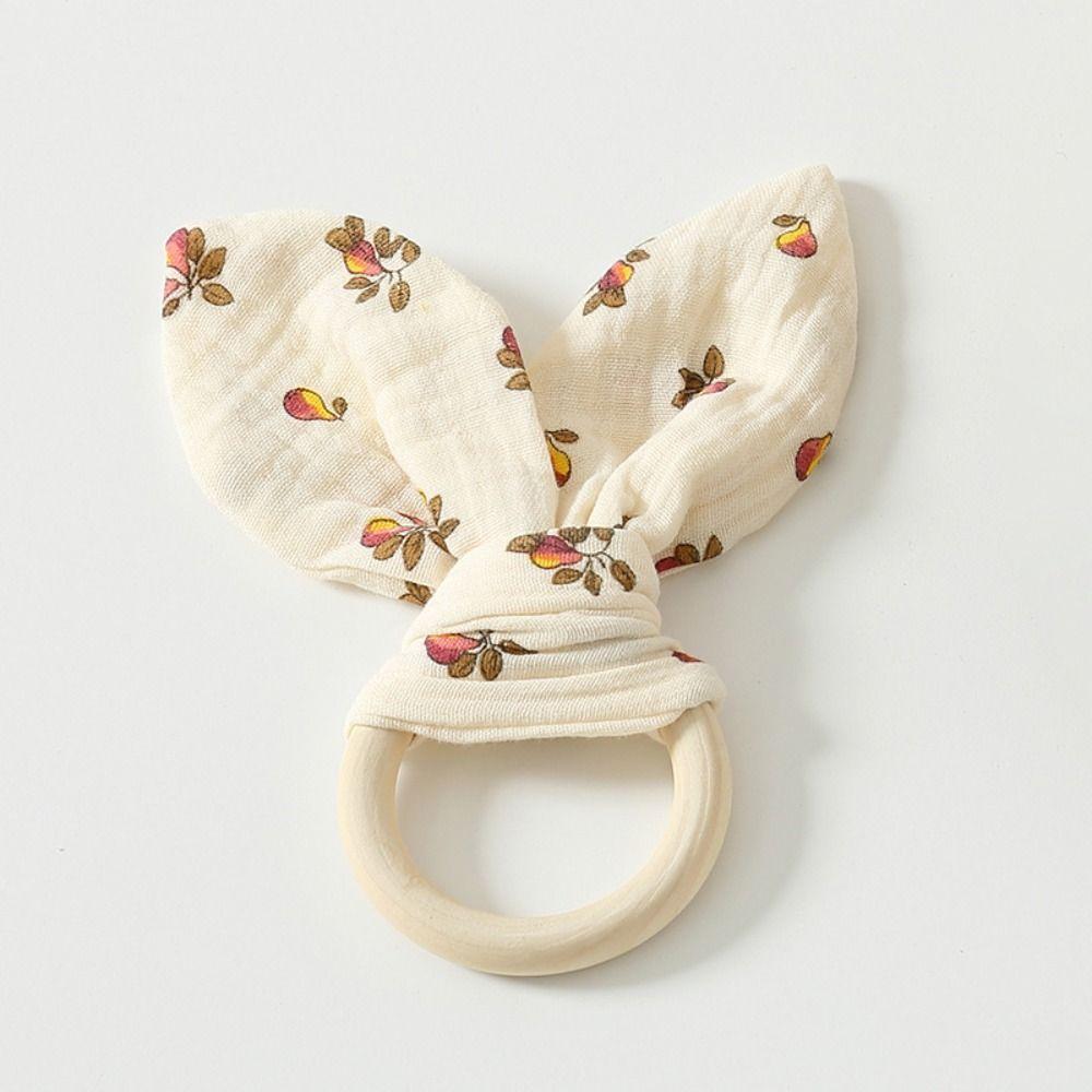 Rabbit Ears Baby Wooden Hand Grasp Toy Soft Chewing Appease Toy Newborn Teething Ring Home