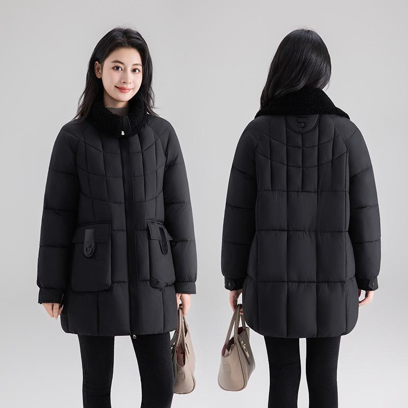 Winter new down cotton clothes women's long splicing large pockets thin cotton clothes coat thick