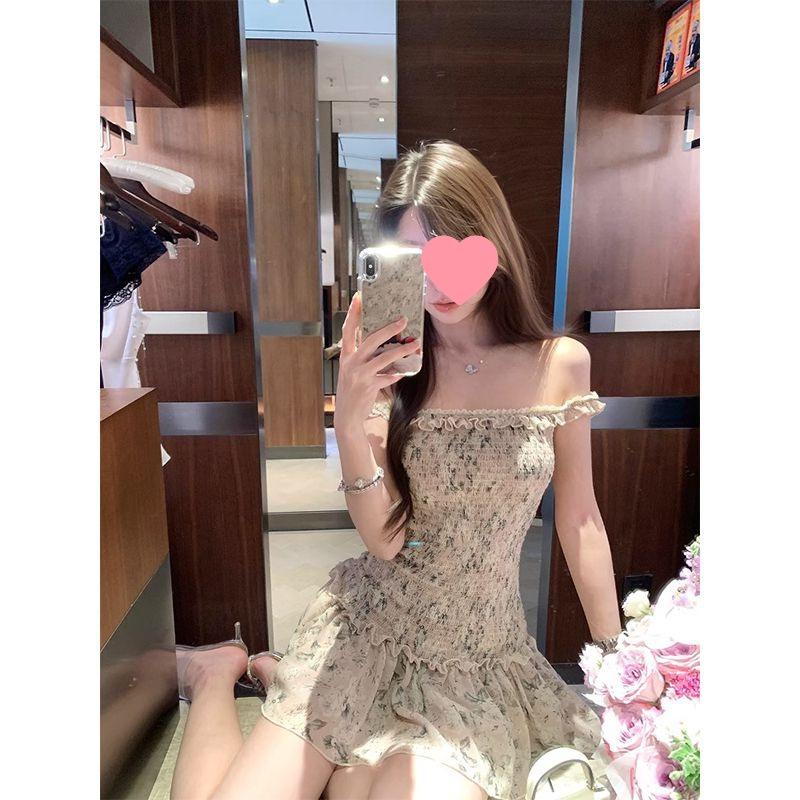 Waist-Cinching 2026 Floral One-Shoulder Short Dress with Elastic Waist - New Summer Style for Women