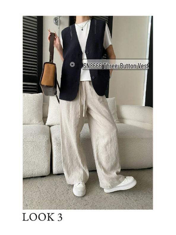 Sinan Tencel Linen Drawstring Wide-Leg Floor-Length Casual Pants SN8668