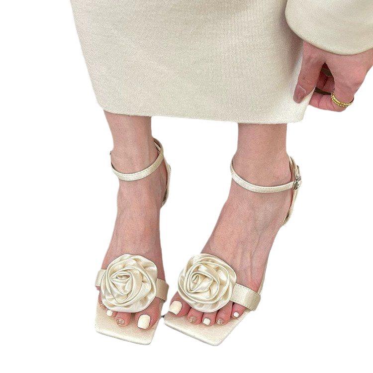 Gentle apricot mountain tea 2025 new temperament satin sandals women's summer one-word open-toed stiletto high heels sandals