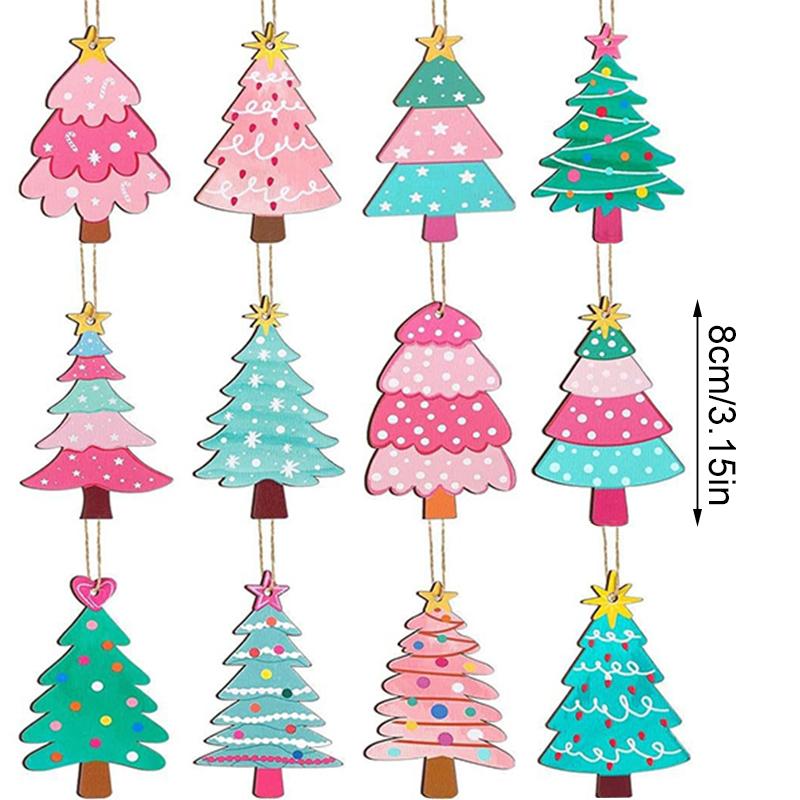 12PCS Book Pendant Colorful Multi-element Christmas Tree Decoration Suspension Rope Exquisite Wooden Gift Holiday