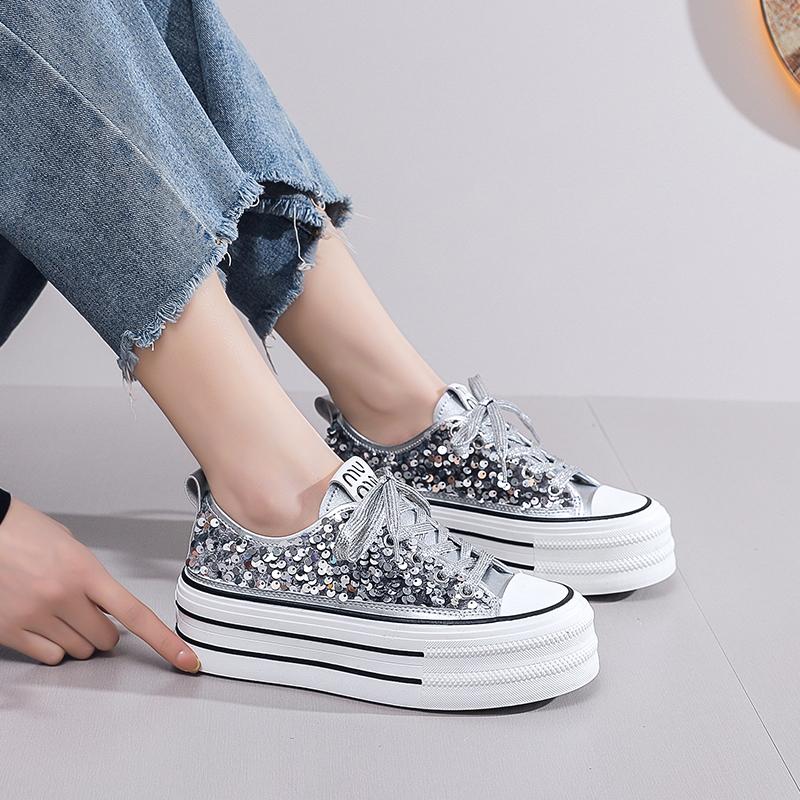 Pantofi de damă cu sclipici cu design nou, pantofi cu platformă, decoltați, respirabili, pentru femei, comozi, casual, strălucitori, pentru femei, tenis de mujer