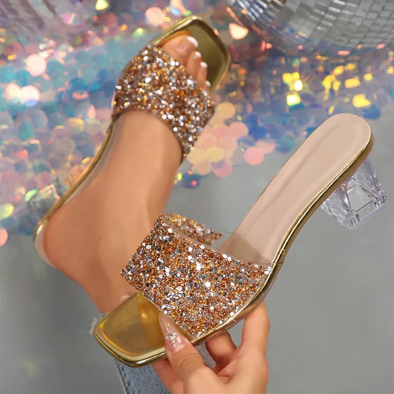 Fashion Shiny Sequin High Heels Sandals for Women Plus Size Gold Silver Square Toe Slippers Woman Transparent Strange Heeled Party Shoes