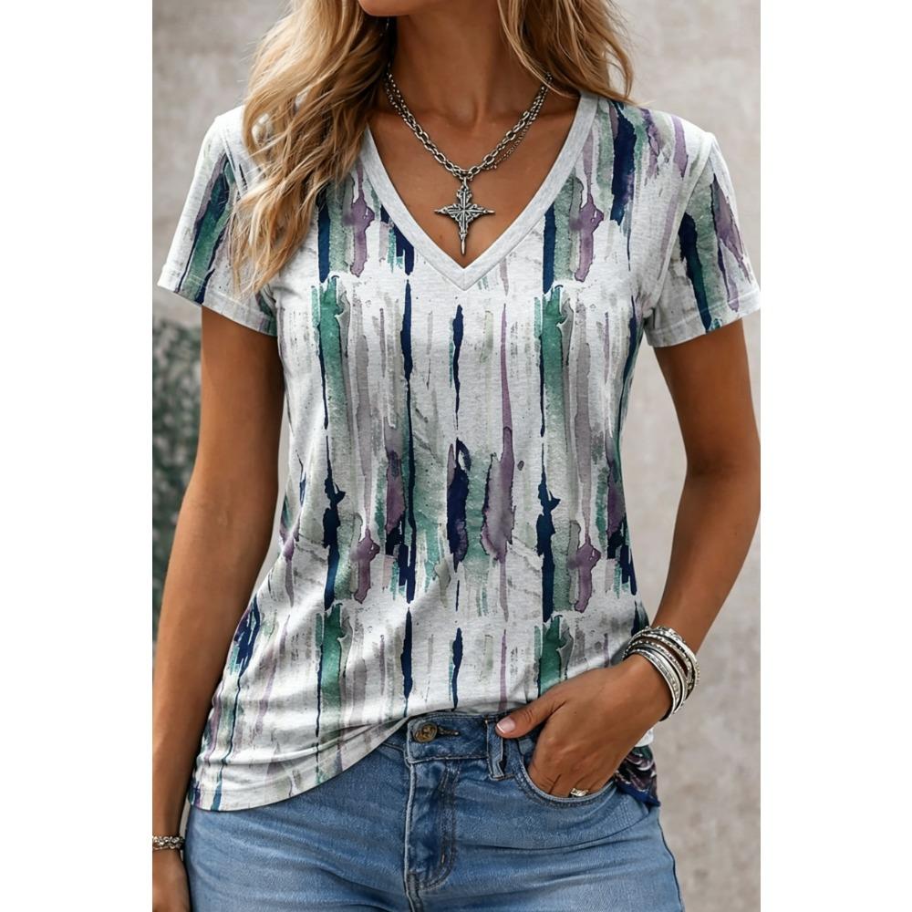 Women's Abstract Watercolor Streak Print V-Neck T-Shirt, Casual Short Sleeve Tops, Artistic Style Daily Wear for Spring & Summer