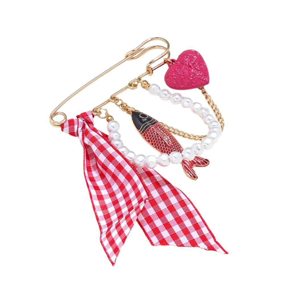 Creative Marine Themed Alloy Fish Love Checkered Ribbon Brooch Eye Catching Corsage Pin For Blouses Coats And Hats