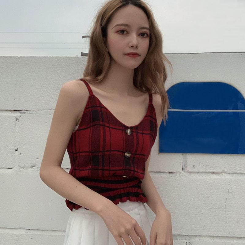 Dámské tílko s véčkovým výstřihem a kostkovaným topem, ležérní vesta bez rukávů