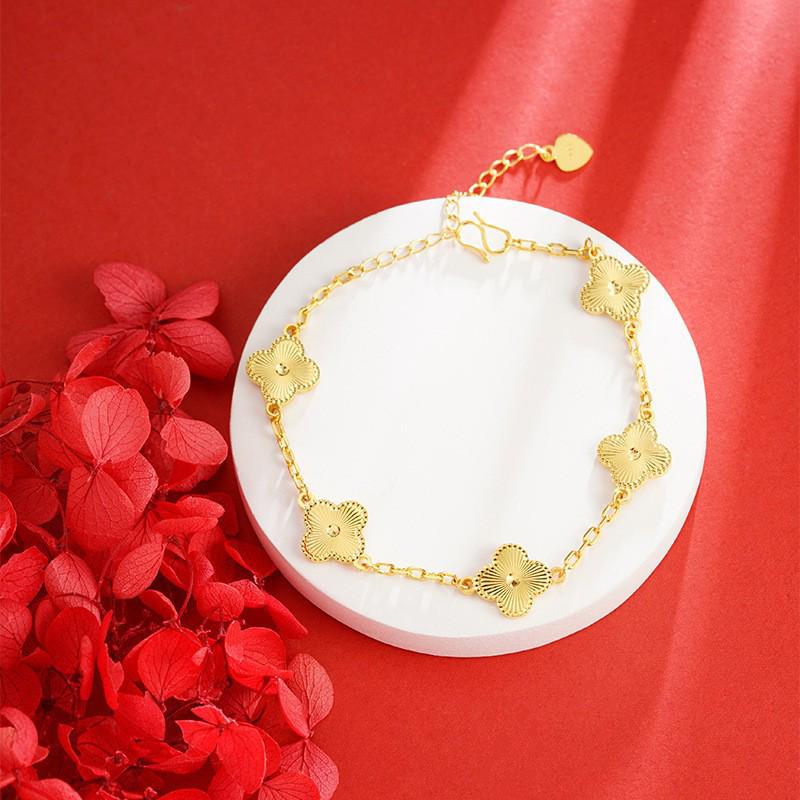 Vietnam Gold-Plated Clover Necklace, Ring & Five-Flower Bracelet Set