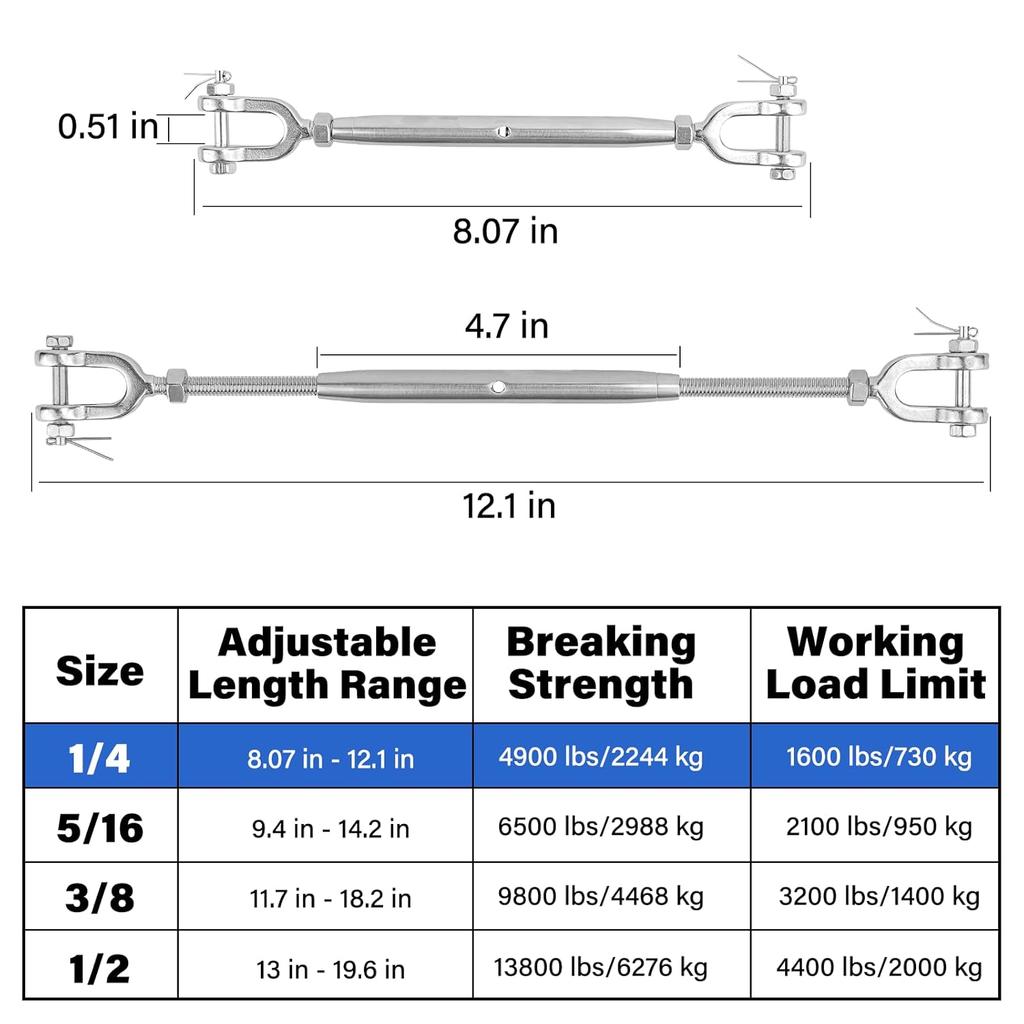 4PCS 1/4" (M6) Turnbuckle, 304 Stainless Steel Jaw and Jaw Turnbuckle, 1600lbs Working Load Limit, Wire Tensioner, Closed Body Turnbuckle for Cable,