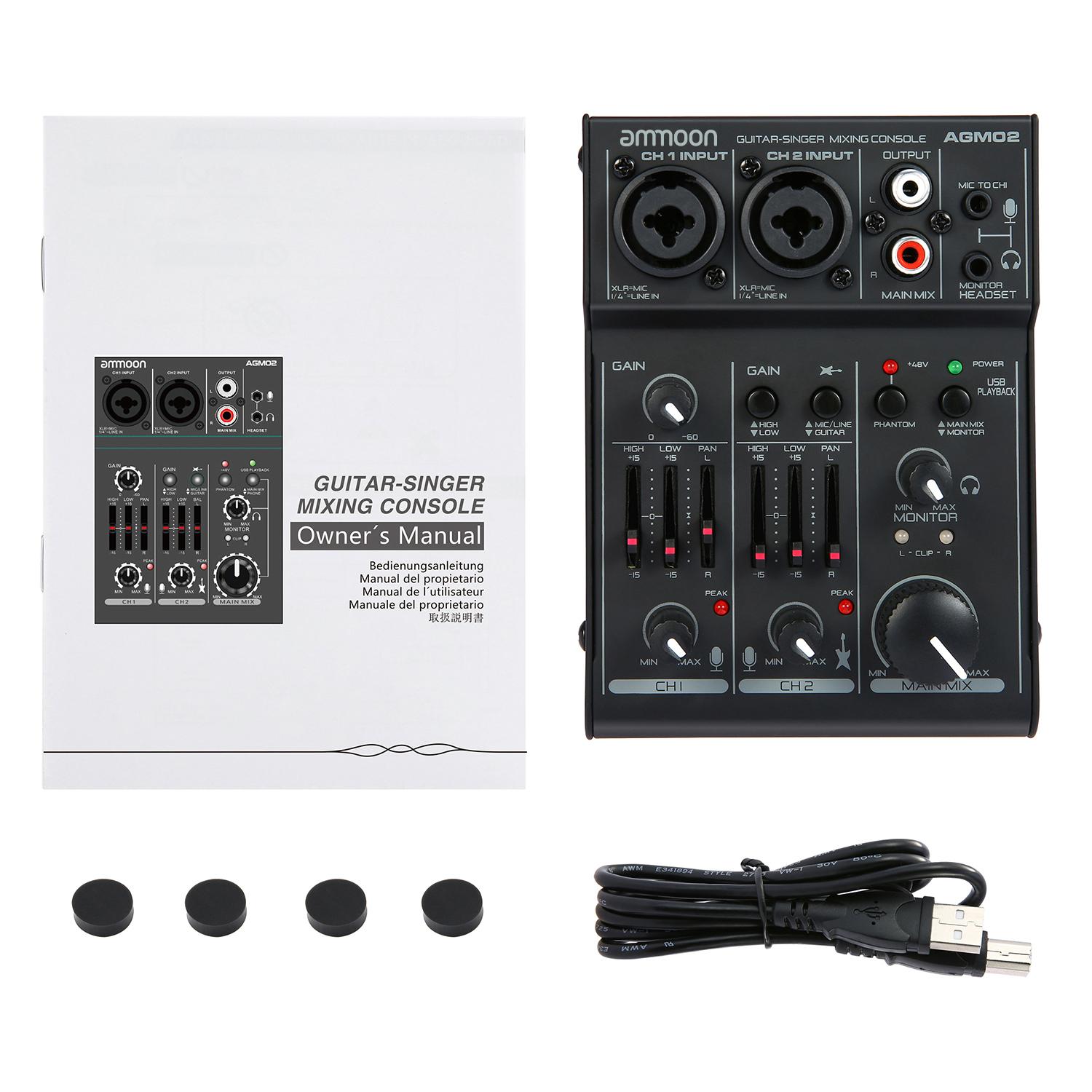 

ammoon 02 2-Channel Sound Card Mixing Console Digital Mixer 2-band EQ Built-in 48V Power 5V USB Powered for Home Studio Recordin