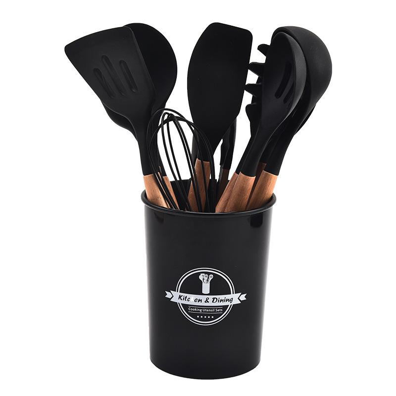 12-teiliges Silikon-Küchenutensilien-Set mit Holzgriffen und Aufbewahrung