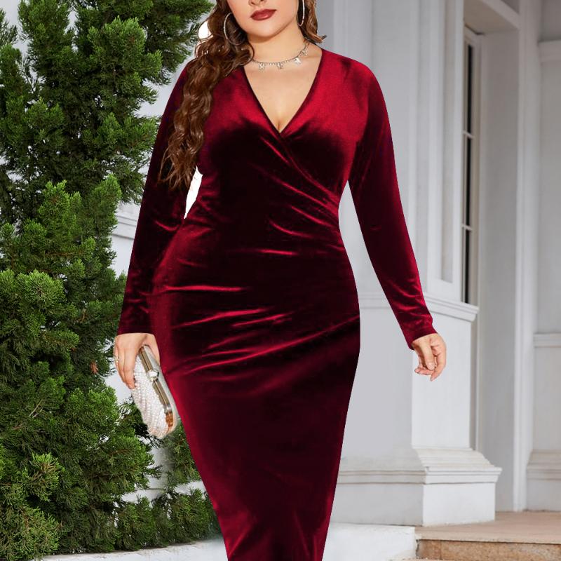 New Plus Size Long Sleeve Velvet Sheath Dress, Sexy, Pleated Wrap, Deep V Neck, Party Cocktail Dress