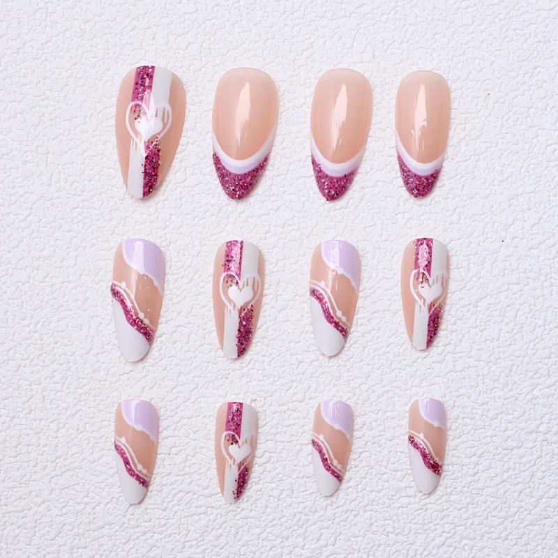 24Pcs Water Drop Press-on Nails with Shiny Heart Patterns, Sweet Valentine's Day Style for Daily Wear.
