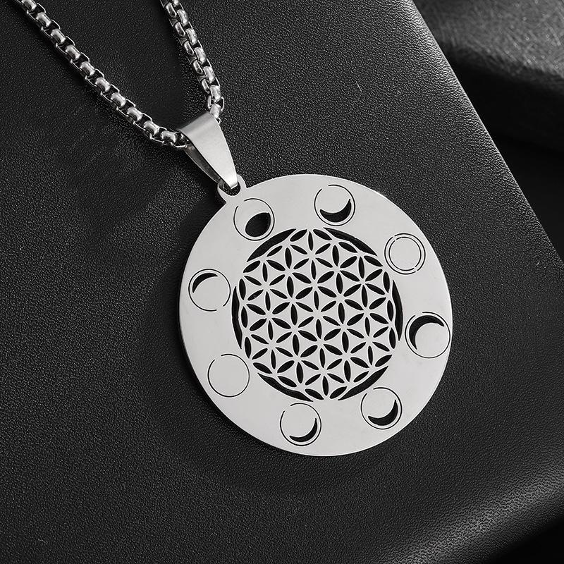 New Simple Hollow Flower of Life Mandala Moon Phase Sacred Geometric Sweater Chain Flower Necklace Jewelry