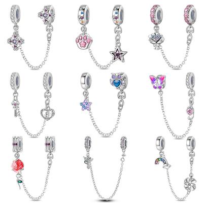New 925 Silver Color Star Flower Cross Safety Chains Spacer Charms Beads Fit Diy 925 Original Bracelets DIY Birthday Jewelry