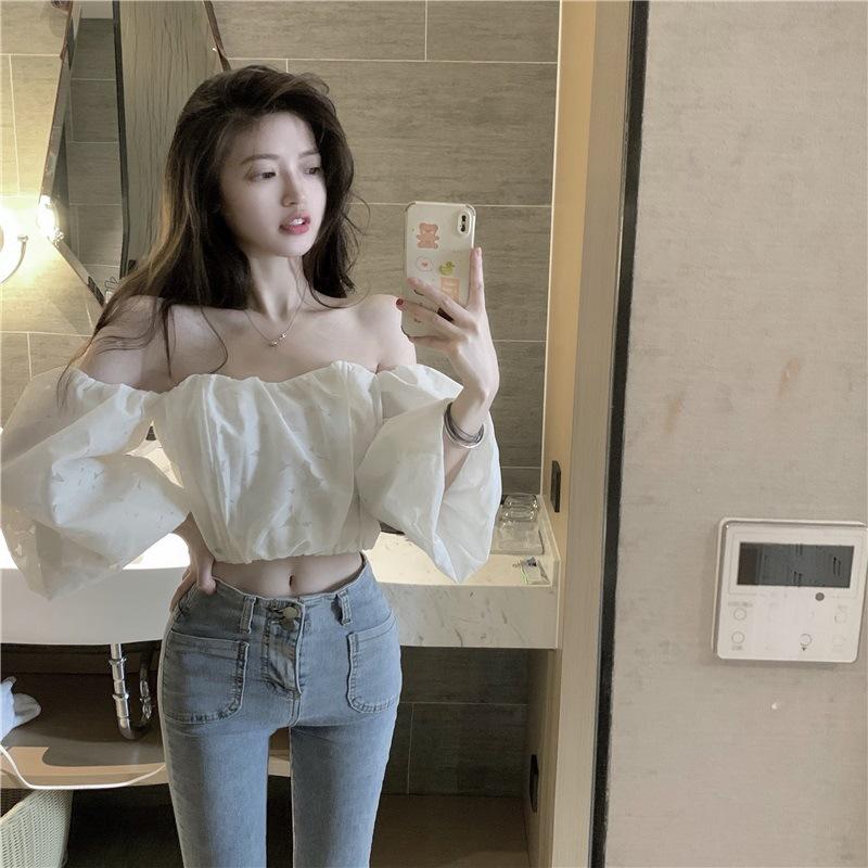 Summer new jacquard tube top one-word collar bubble sleeve off-shoulder sexy sweet hottie short top women