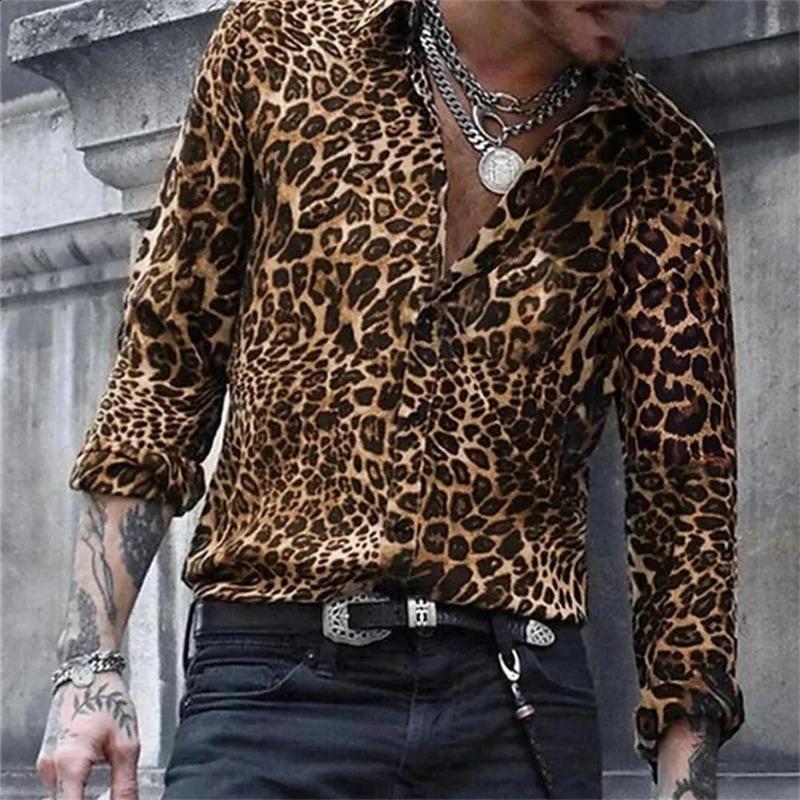 Mens Fashion Leopard 3d Print Casual Breathable Long Sleeve Shirt