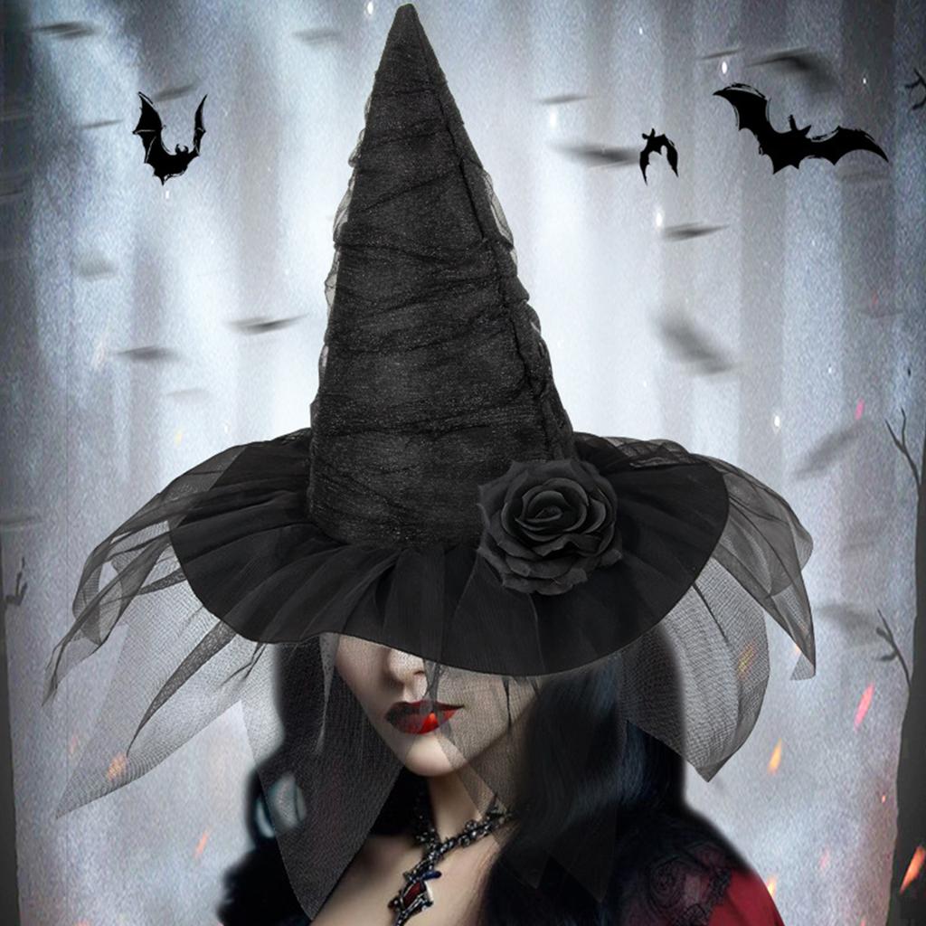 Rose Flower Witch Caps for Adult Wizard Hat Halloween Party Headwear Cloche Hat Holiday Headwear Role Playing Stage Hat