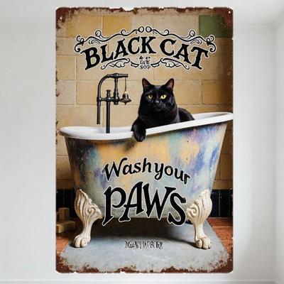 Vintage Schwarze Katze in Badewanne Blechschild Rustikale Badezimmerdeko Metallposter mit 'Wasch deine PFOTEN' & 'SCHWARZE KATZE & die SEIFE' Text für