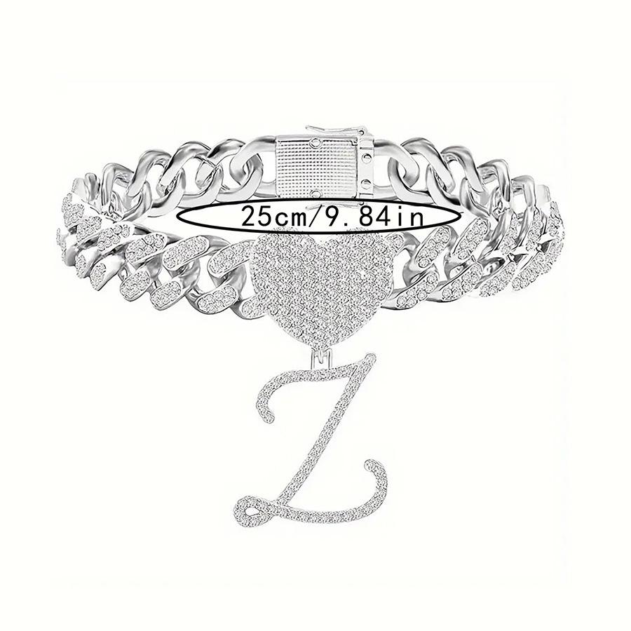 26 English Alphabet Full Diamond Heart Pendant & 13MM Cuban Anklet - Creative Hip-Hop Rapper Jewelry