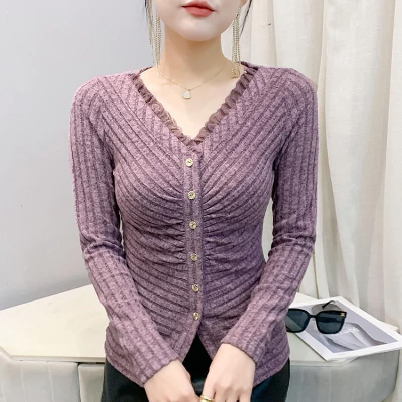 

Новый Весенне-Осенний Корейский Шик Сексуальный Кардиган с V-образным вырезом и застежкой на одну пуговицу, Футболка Женская Повседневная Модная Женская Топ Одежда с Длинным Рукавом 3XL фиолетовый