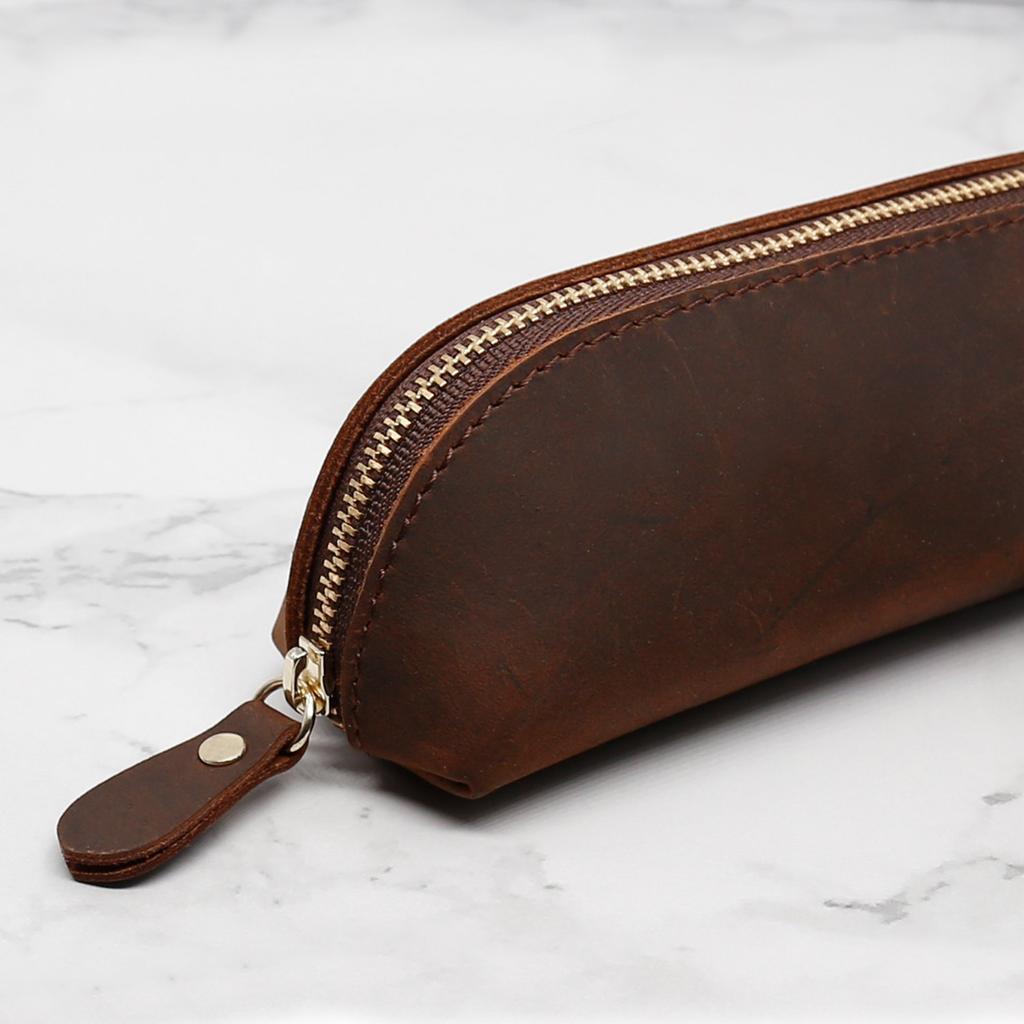 Collasaro Handmade Leather Pencil Case, Large Capacity, Stylish, Slim, and Simple (Brown)