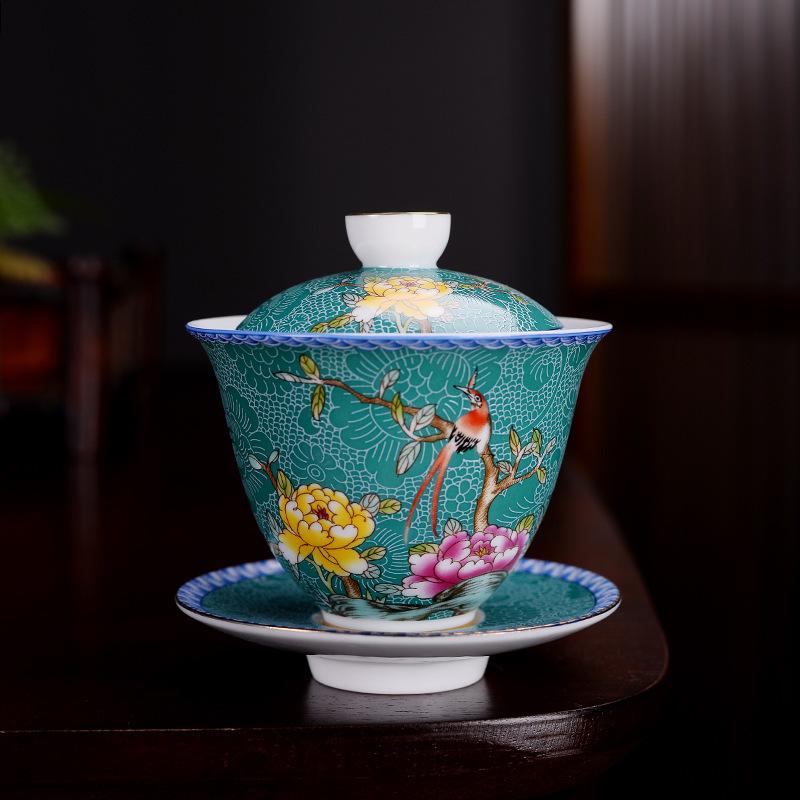 Court Style Cloisonné Enamel Sancai Gaiwan Ceramic Kung Fu Tea Set with Handmade Filigree Pahua Brewing Bowl