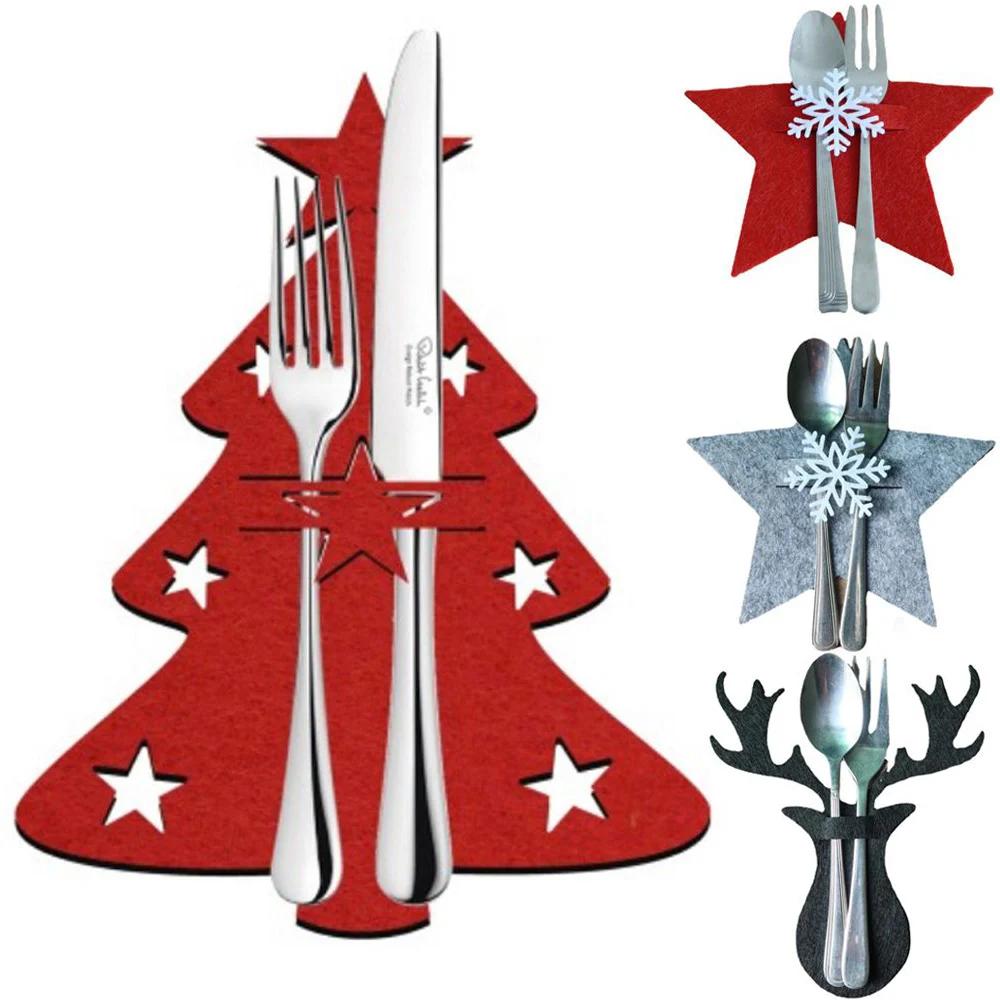 60Pcs Christmas Kitchen Utensil Knife Fork Covers Snowflake Xmas Tree Pocket Cutlery Bag New Year Party Dinner Table Decorations