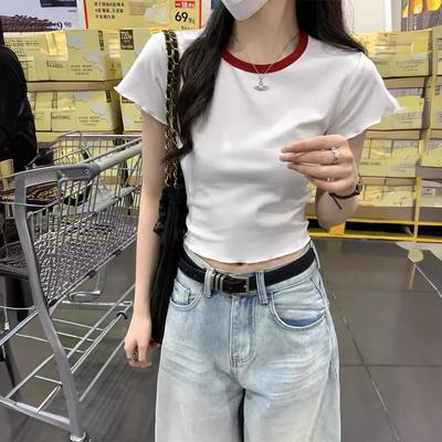 Kurzarm-T-Shirt für Damen im Sommer Neu Slim Fit Vielseitig Kurze Schulter Student Uni Farbe Top