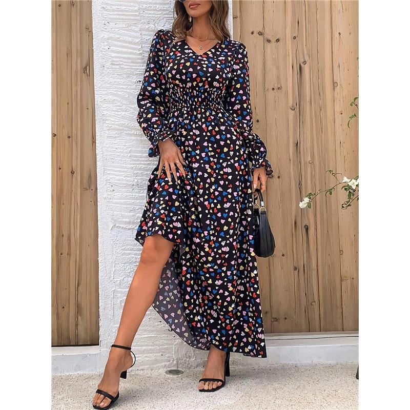 European And American Women's Summer Printed Long Skirt, V-neck, Long-sleeved, Big Swing Dress, Loose Temperament, Elegant Long Skirt