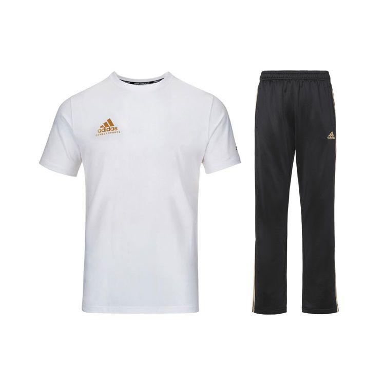 

Adidas Футболка с коротким рукавом и круглым вырезом с логотипом и эластичным поясом, прямые длинные брюки, повседневный спортивный комплект для мужчин ADICSTS06P-WG+TR30PR-BG S