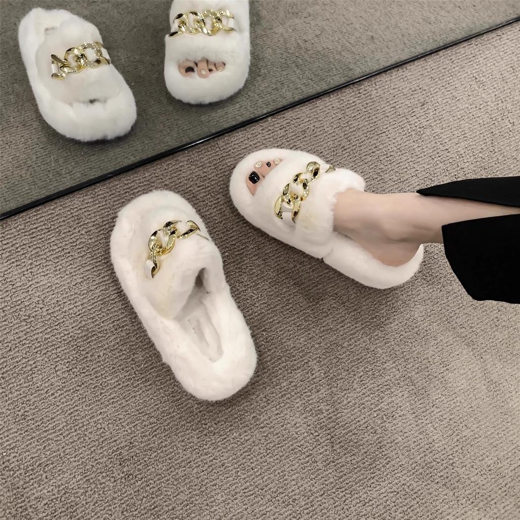 Internet Celebrity Popular Fluffy Shoes Women Wear 2025 New Autumn Chain Fashion Go Out Thick Soled Plush Cotton Slippers