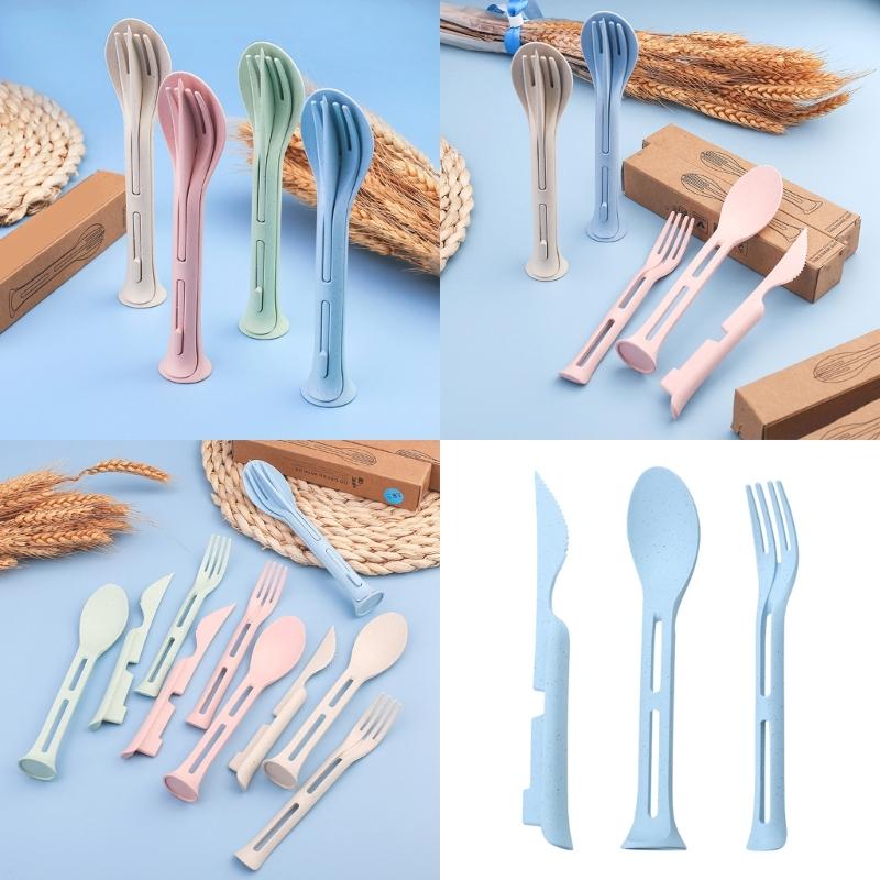 3-teiliges Reise-Tragbares Besteckset Weizenstroh Messer Gabel Löffel Studentisches Essgeschirr Küchengeschirr Tischgeschirr Einfach zu Benutzen