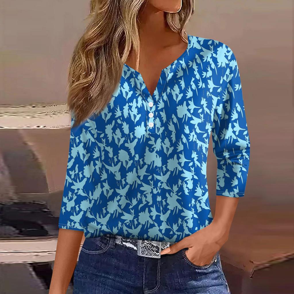 Women's T Shirt Tee Print Button 3/4 Sleeve Tunic Daily Weekend Fashion Basic V- Neck Regular Top