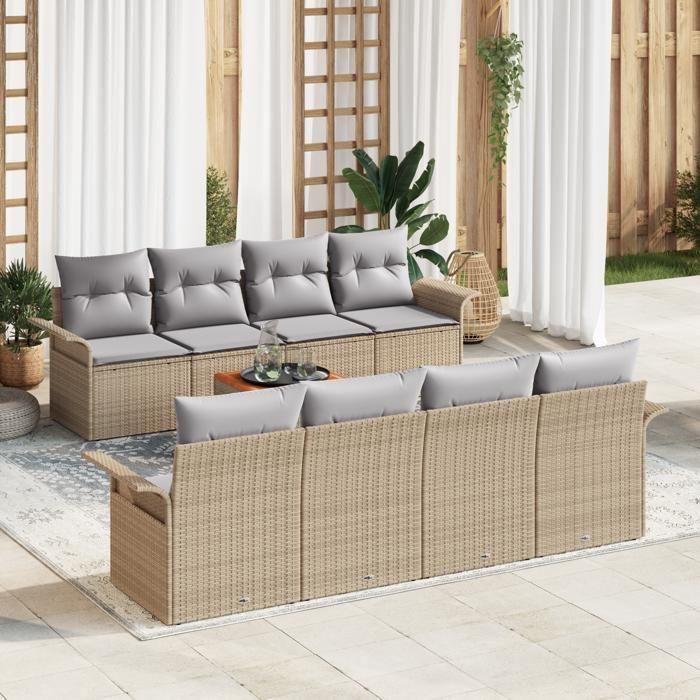 VidaXL Ensemble de canapé de jardin 9 pièces avec coussins Beige Poly Rattan Acacia 3347301