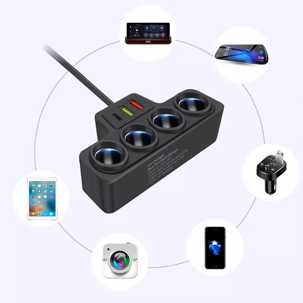 120W 4 In 1 3 USB Auto Ladegerät Schnelle Lade Stecker Adapter Splitter 12V 24V Schnelle Ladegerät Stecker