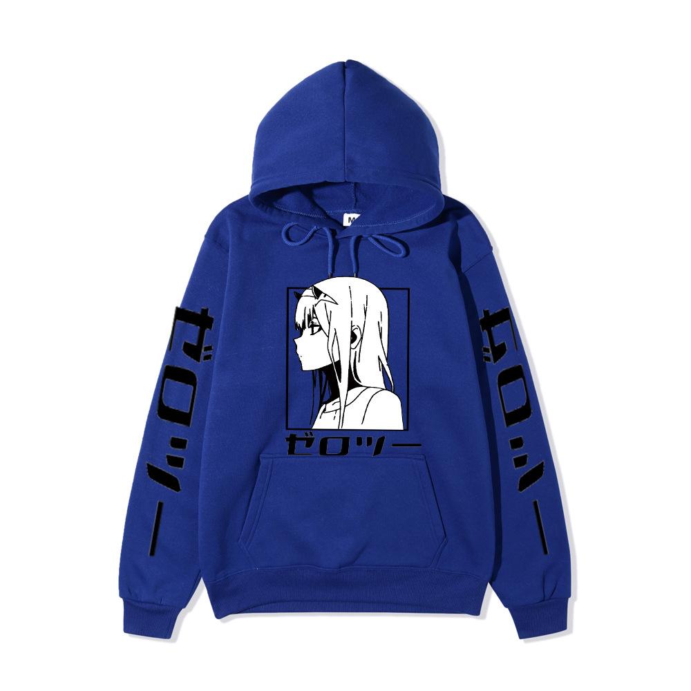 Zero Two Side Profile Anime Hoodie Japanese Letter Print Black Casual Long Sleeve Hooded Sweatshirt Pullover