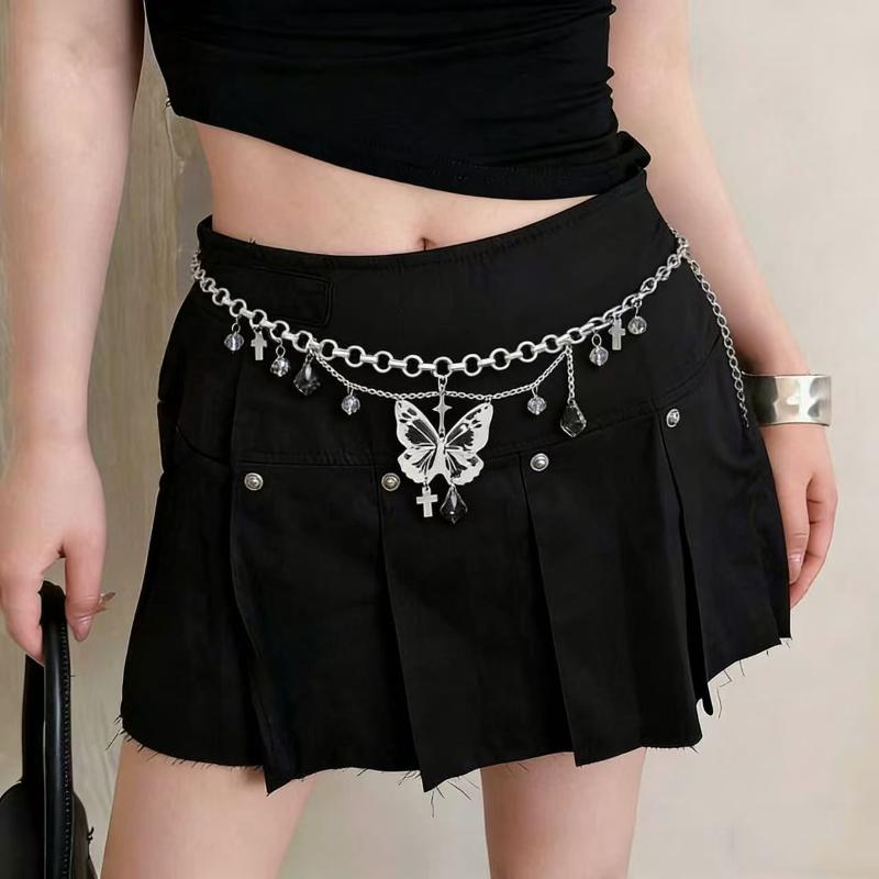 Butterfly Tassel Waist Chain Y2K Trendy Cross Imitates Pearls Waist Chain Jeans Skirts Accessories Vintage Belt
