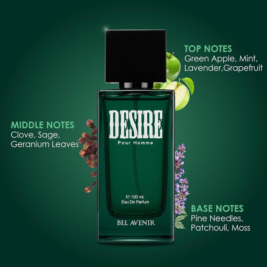 Bel Avenir Desire Perfume for Men | Long Lasting Perfume (8–10 Hours) | Fresh Aromatic Woody Fragrance for Everyday & Night Wear | EDP 100 ml