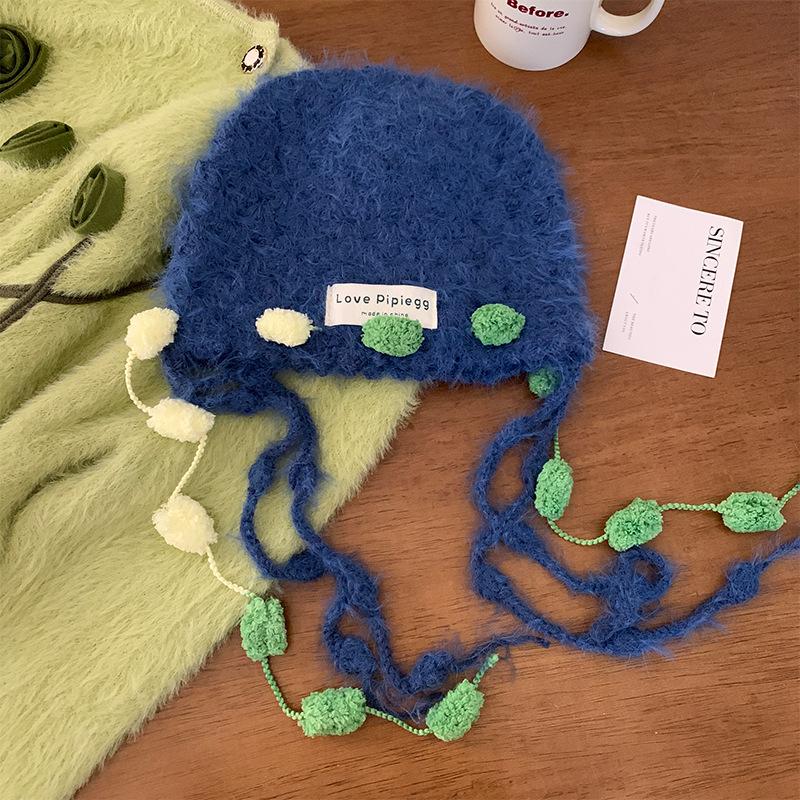 

Handmade fringed knitted hat women s new thermal ear protection hat showing the face small plush bag head hat One size fits all (55-59cm) синій