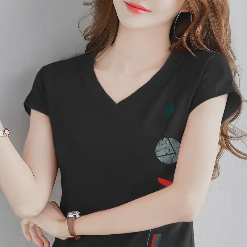 Damen 2024 V-Ausschnitt Lockeres Kurzarm-T-Shirt aus reiner Baumwolle - Sommeroberteil in Übergröße