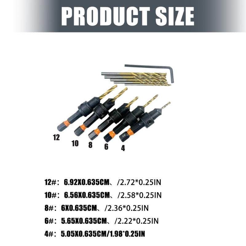 11Pieces Metal Coated Countersink Drill Bit Featuring 1/4Inch Hex Shank Adjustable Depth for Woodworking