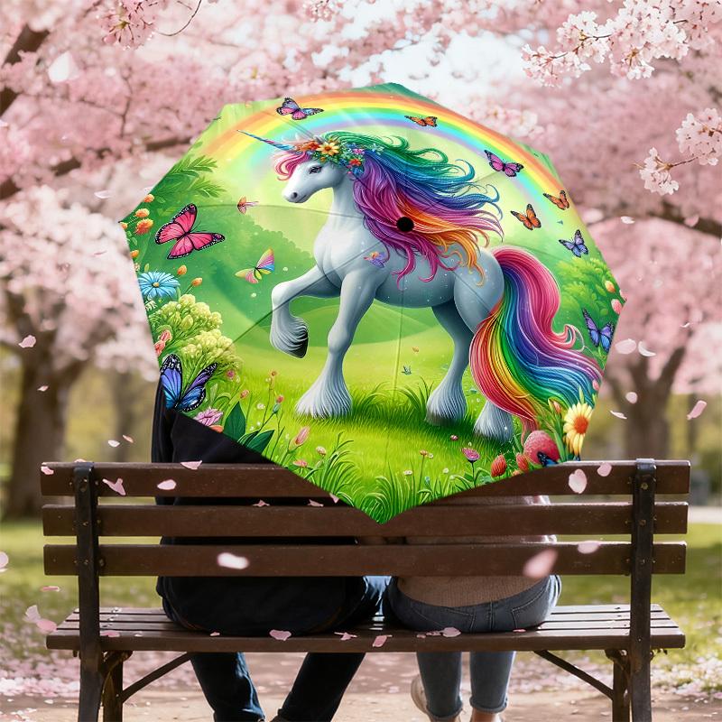 1 PZ Ombrello Automatico Apri/Chiudi Unicorno Arcobaleno con Protezione Antivento, Tetto Robusto a 8 Stecche, Stecche Resistenti, Design alla Moda, Accessorio da Esterno, Stampa Divertente,
