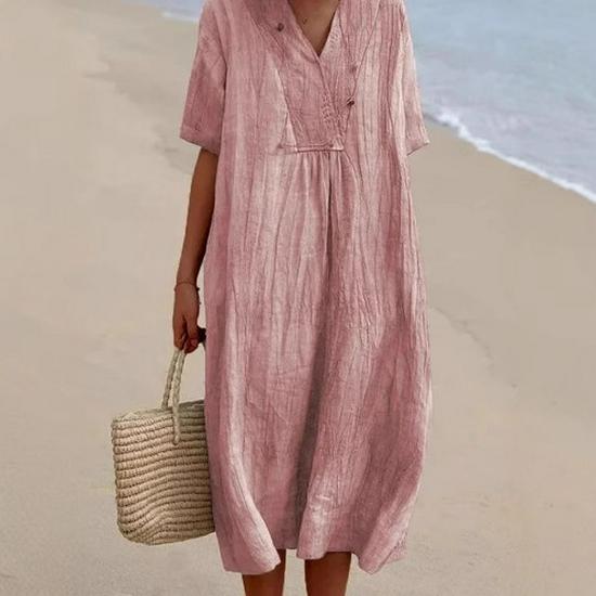 Women's 2025 Spring/Summer Casual Slimming Cotton Linen Dress - Versatile Solid Color, Hot Selling Style