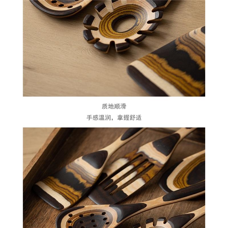 Retro Gradient Wood Kitchen Utensil Set, Non-stick Wooden Spatula Rice Spoon Pasta Spoon Colander Spoon, Heat Resistant Cooking Tool for Home Kitchen