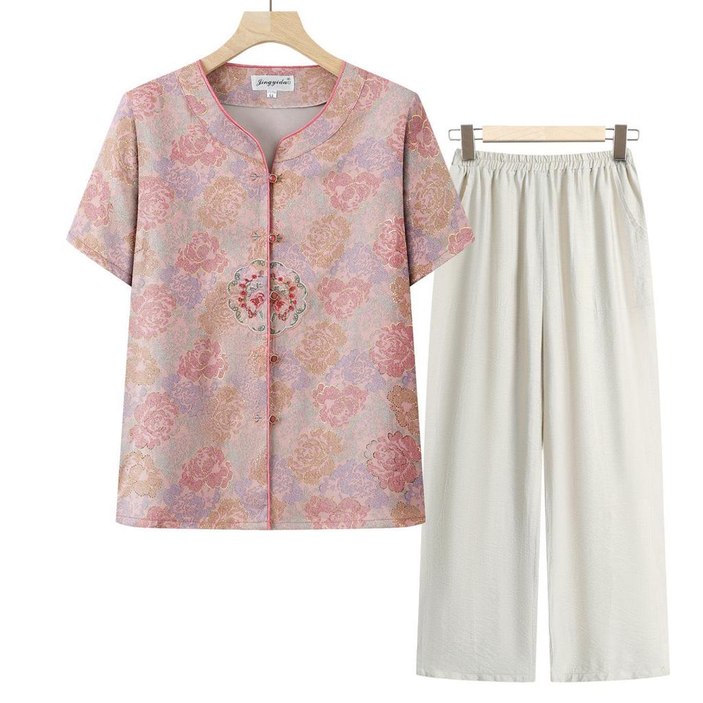 Mom's Chinese Style Summer Top Set: Short-Sleeved Shirt & Two-Piece Outfit for Middle-Aged and Elderly Women
