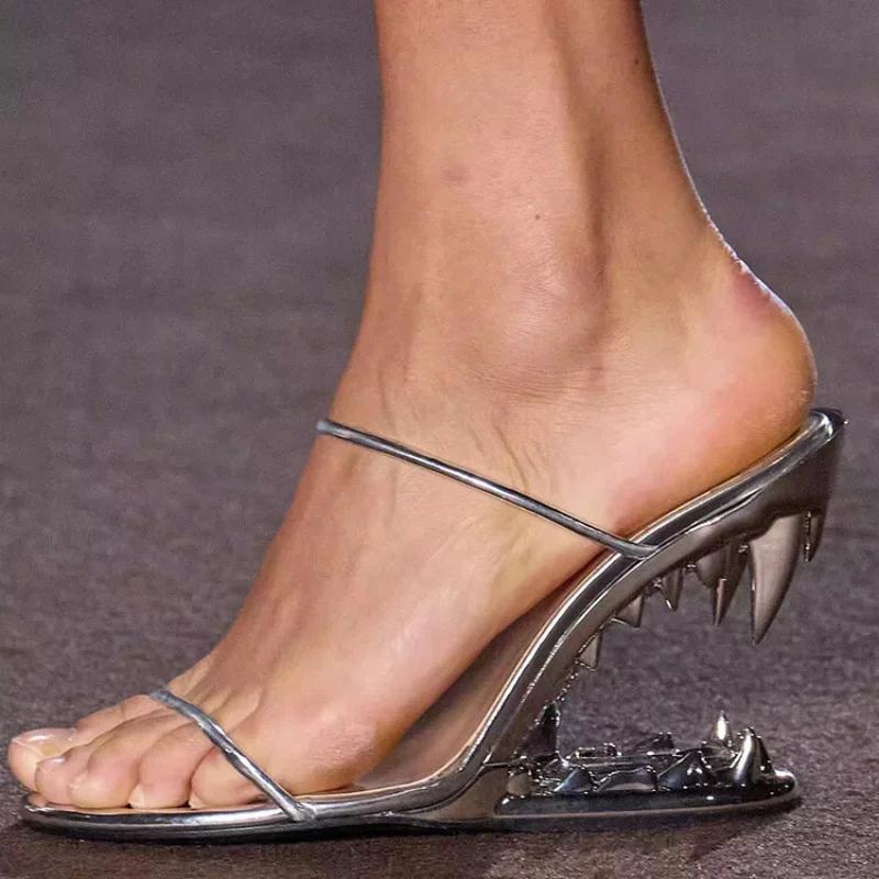 Fashion Spring Fashion Show, Teeth Shaped Heels, High Heels with Exposed Toes, Sloping Heels, Round Toe Fashion Women's Shoes