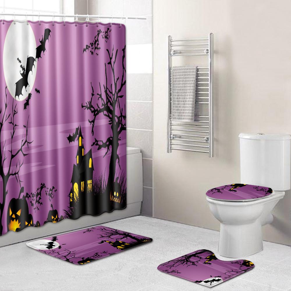 Halloween Shower Curtain Floor Mat Combination Four-Piece Set Bathroom Toilet Carpet Door Mat