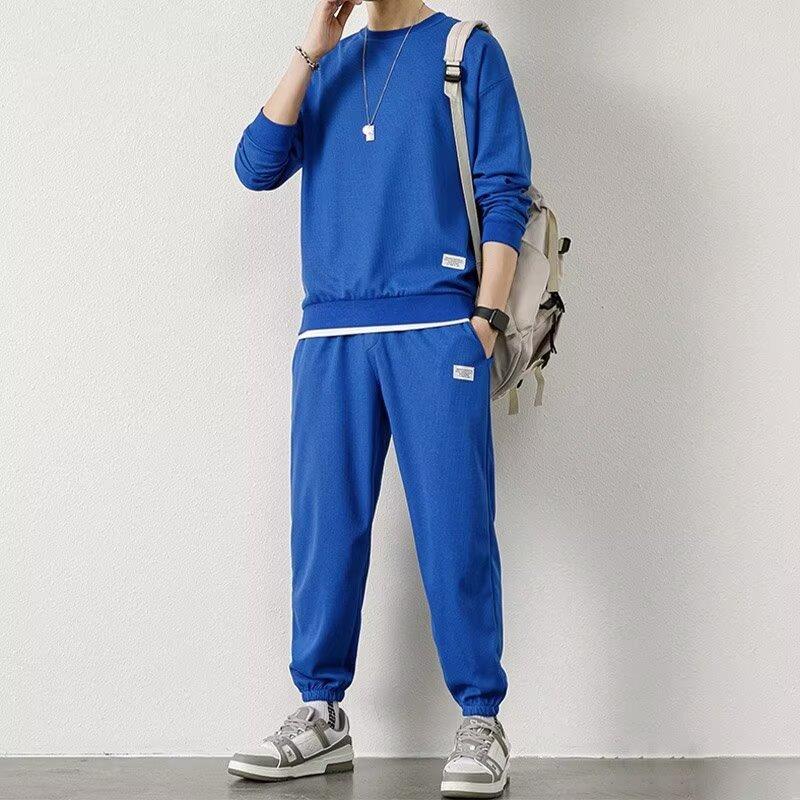 Men's Autumn Oversized Waffle Weave Suit Youth Loose-fitting Casual Sweatshirt + Sweatpants Simple Casual Two-piece Set