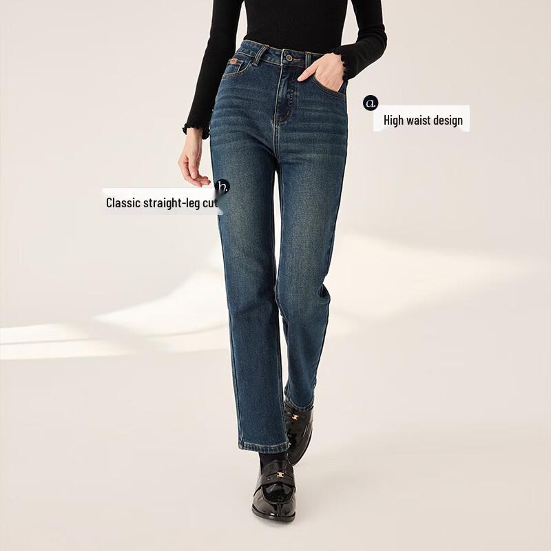 Xiangying Women's Retro Denim High-Waist Straight Jeans